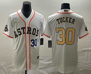 Mens Houston Astros #30 Kyle Tucker Number 2023 White Gold World Serise Champions Patch Cool Base Stitched Jersey->houston astros->MLB Jersey